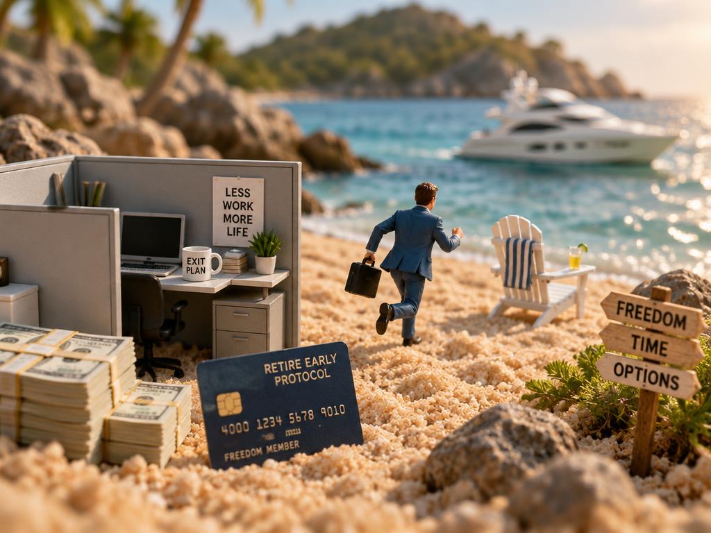 Miniature: the businessman escapes his cubicle toward the beach and the yacht