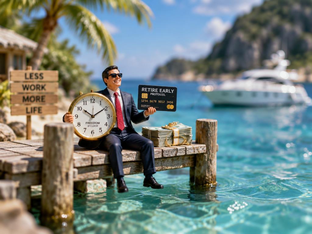 Miniature: relaxing on the dock with the Retire Early Protocol card